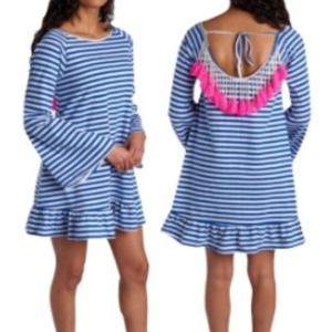 Philosophy Blue and White Striped, Fringe Beaded Tassel, Mini Dress Size XLarge